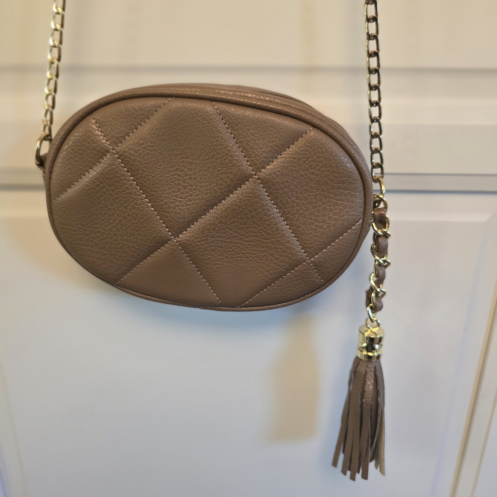 Madden Girl Taupe Quilted Oval Crossbody with Tassel
